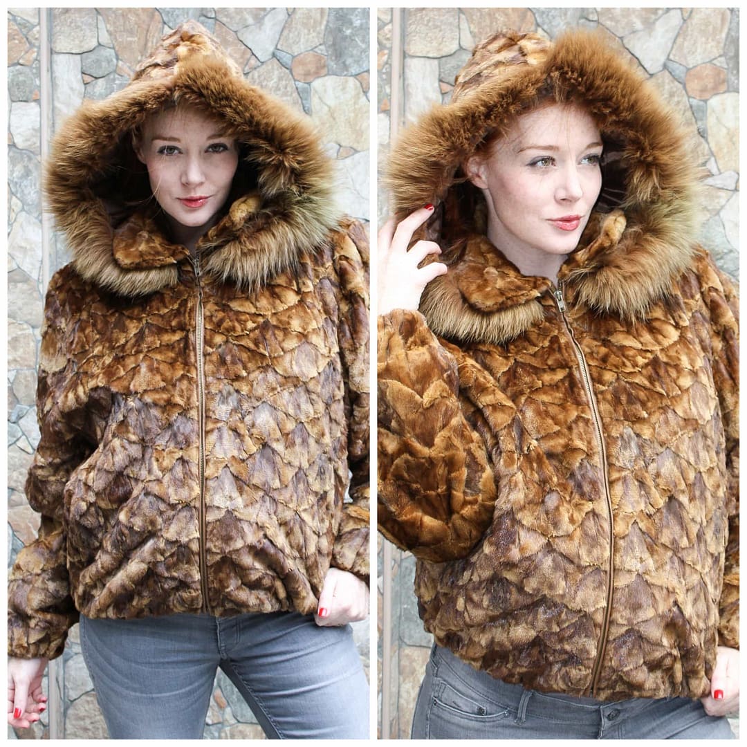 Hooded Whiskey colored Sculptured Mink Jacket now on Clearance from Marc Kaufman Furs NYC For a limited time only 5