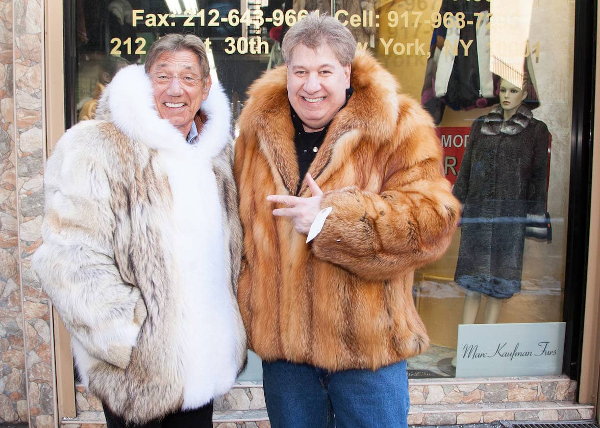 Joe Namath shown here with Marc Kaufman wearing his Marc Kaufman Furs custom coyote coat