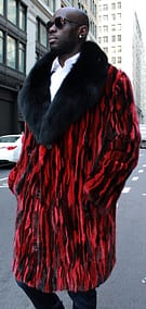 MENS STRIPED BLACK RED MINK FUR COAT BLACK FOX FUR COLLAR