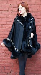 Stunning Black Cashmere Cape Black Fox Fur Border Gold Trim