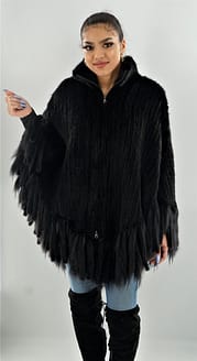 Black Knit Mink Poncho with Fringes