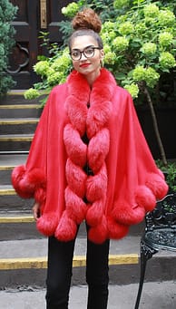 Red Cashmere Wool Cape Twisted Red Fox Trim