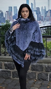 Soft Blue Knit Rex Rabbit Poncho w Finnish Raccoon Trim