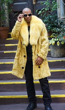 Mens Yellow Persian Lamb Fur Coat Fox Collar