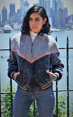 Gray Blue Pink Varsity Shearling Jacket