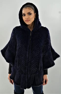 Navy Blue Knit Mink Poncho