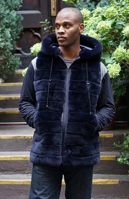 Mens Navy Blue Rex Hooded Fur Vest