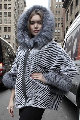 Rex Rabbit Fur Poncho Silver Fox Fur Trim Hood