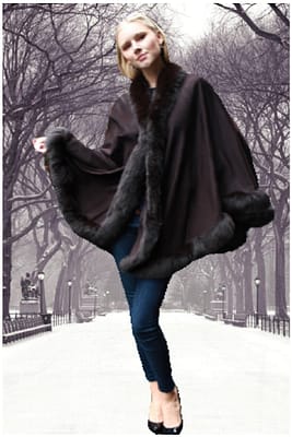 brown cashmere cape fox fur trim