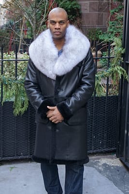 Mens Black Shearling Coat Blue Fox Collar