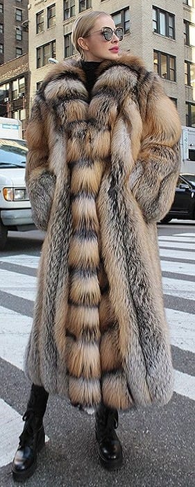 Full-Length Cross Fox Fur Coat Tuxedo Cross Fox Fur