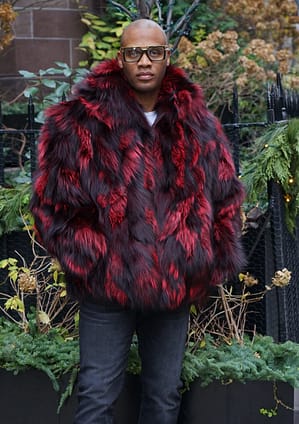 Burgundy Black Mens Fox Fur Jacket Hooded