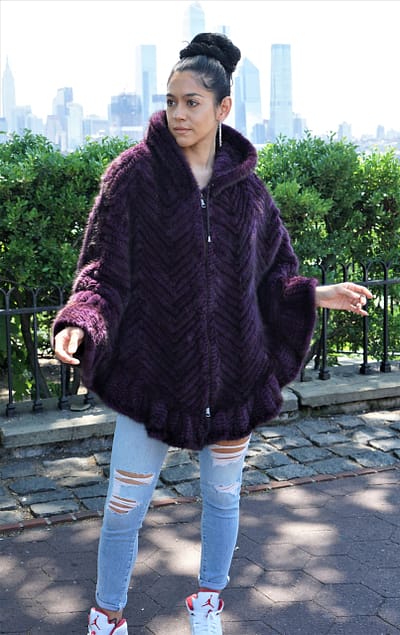 Purple Knit Mink Cape Hood