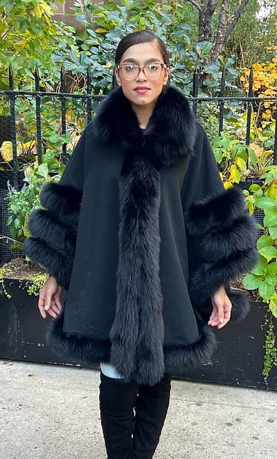 Black Cashmere Wool Cape Black Fox Trim