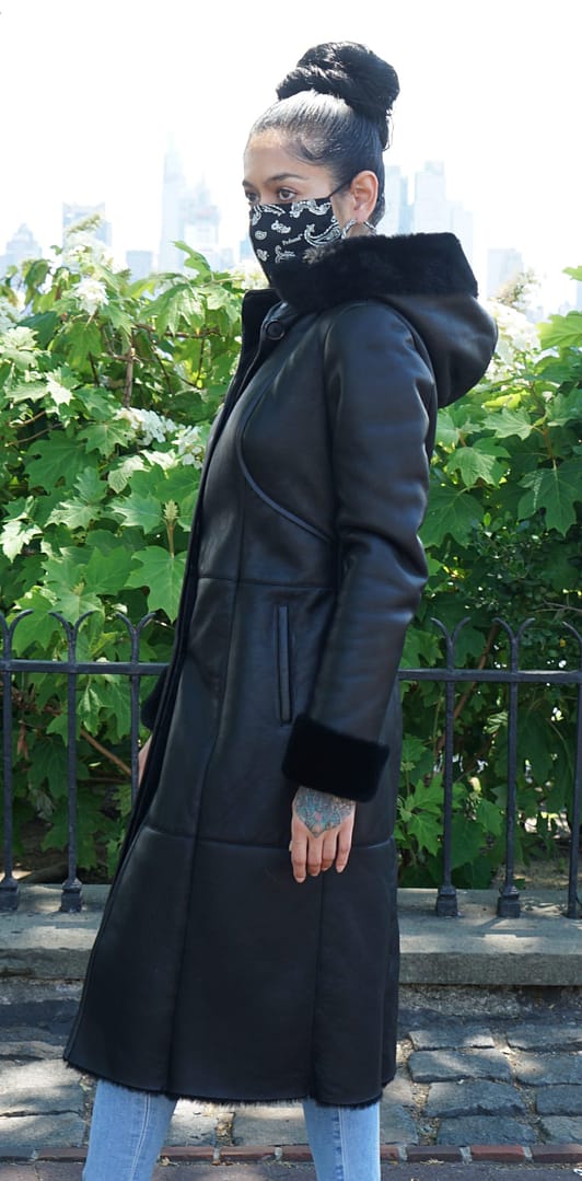 Women's Black Shearling Full Length Coat Detachable Hood