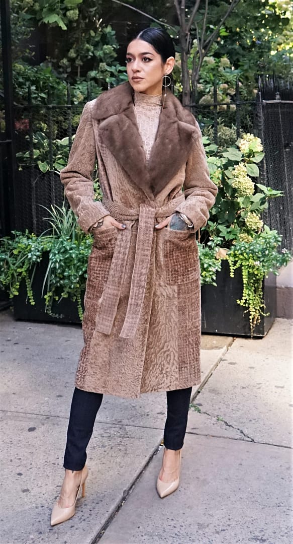 Camel Shearling Coat Belted Mink Collar