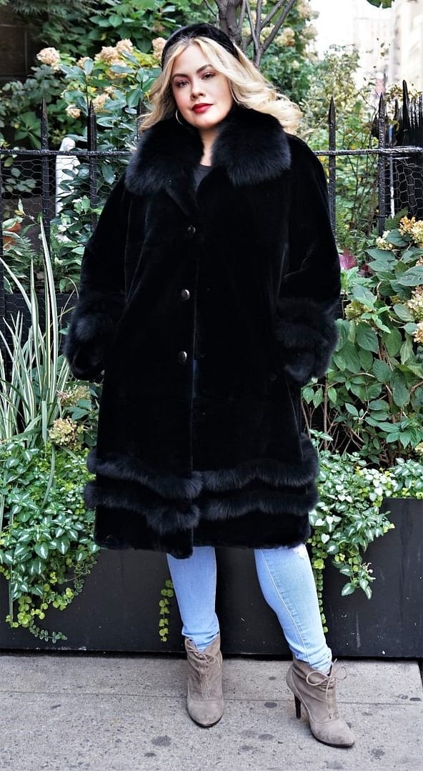 Black Sheared Rex Rabbit coat with a Black Fox Trim