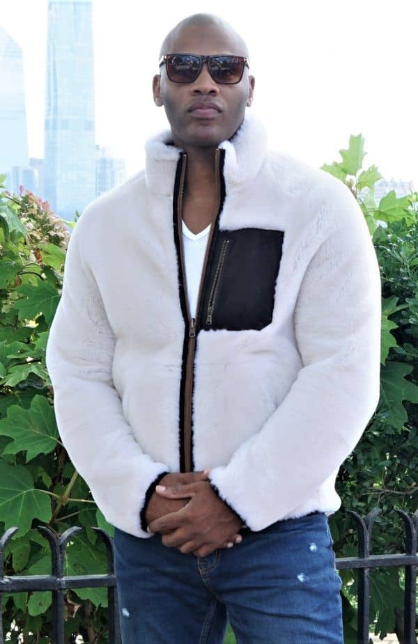 Designer Mens White Shearling Jacket w Pocket