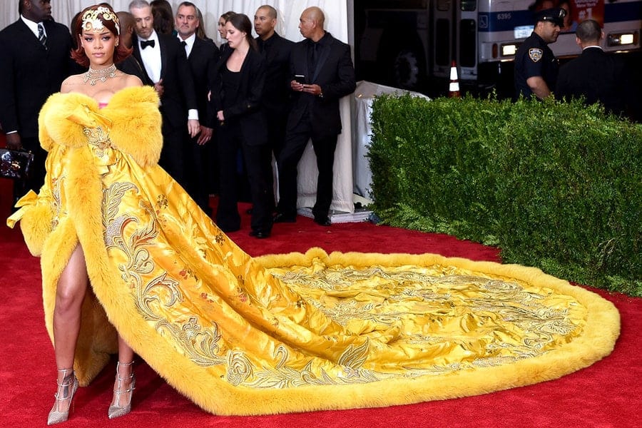 Rhianna Red Carpet Yellow Cape Fox Trim