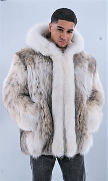 Mens Lynx Jacket with Hood White Fox Fur Trim