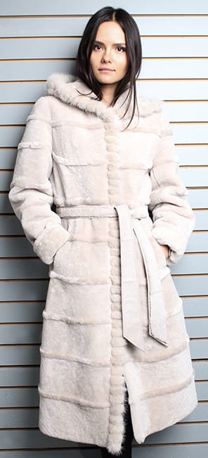 Beige Belted Mouton Fur Coat with Hood